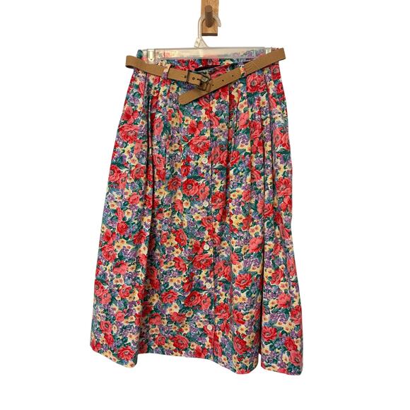 Vintage Jara 1970s Floral Print Pleated Midi Mom Skirt Belted Cottage Teacher 8 - Picture 1 of 6